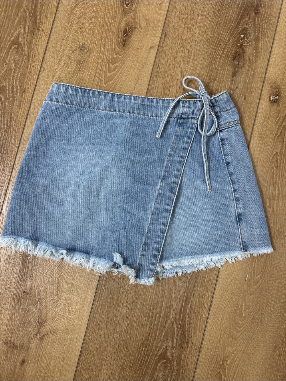KanCan Light Blue Denim Wrap Skort with Frayed Hem